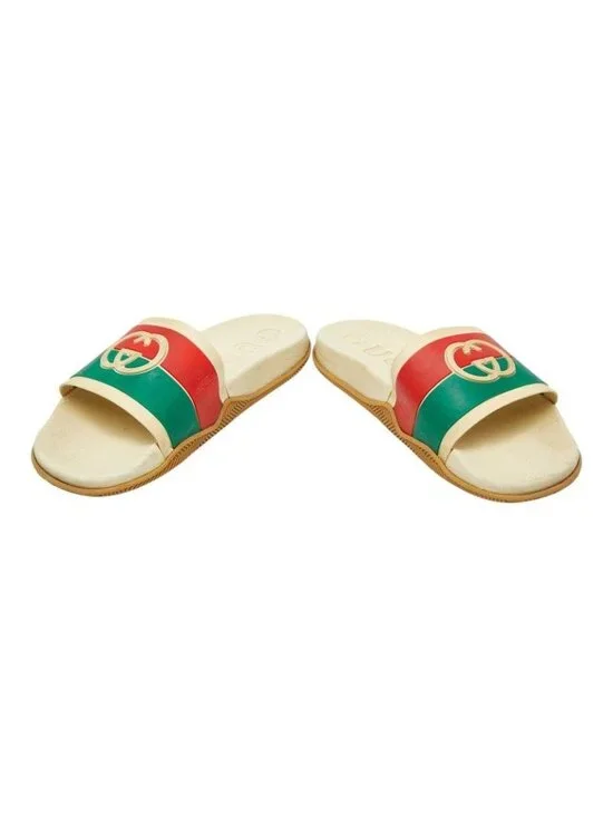 Gucci Interlocking Slide Sandals Shower Beige Green Red Rubber - Picture 4 of 6